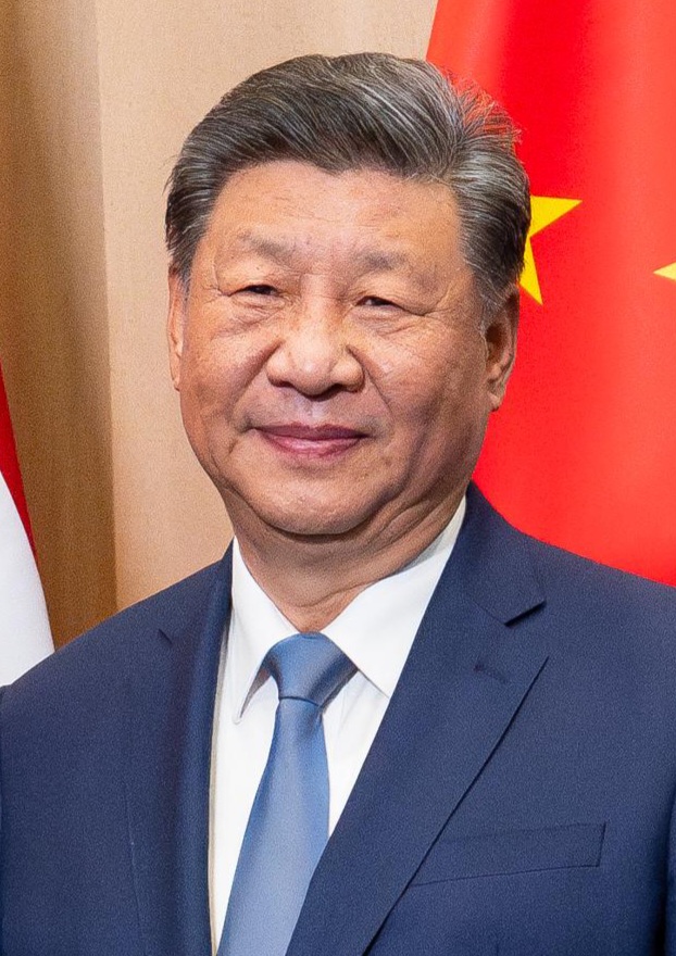 Portrait of Xi Jinping, General Secretary of the Communist Party of China, with a flag of China in the background.